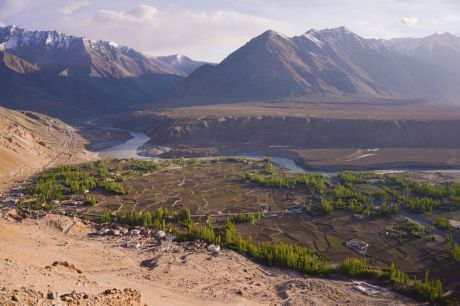 An aerial view of Nimmu Village, showcasing the breathtaking landscape along with the flowing Indus River
